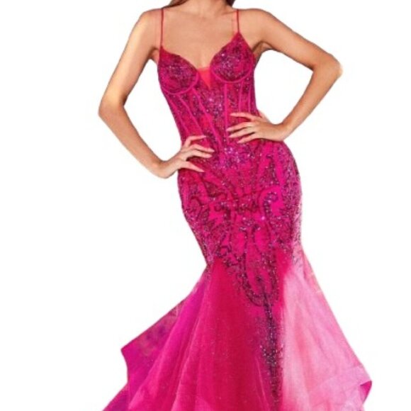 NWT Ladivine CM353 Sequin Prom Dress Fuchsia Size 4 - Picture 1 of 6
